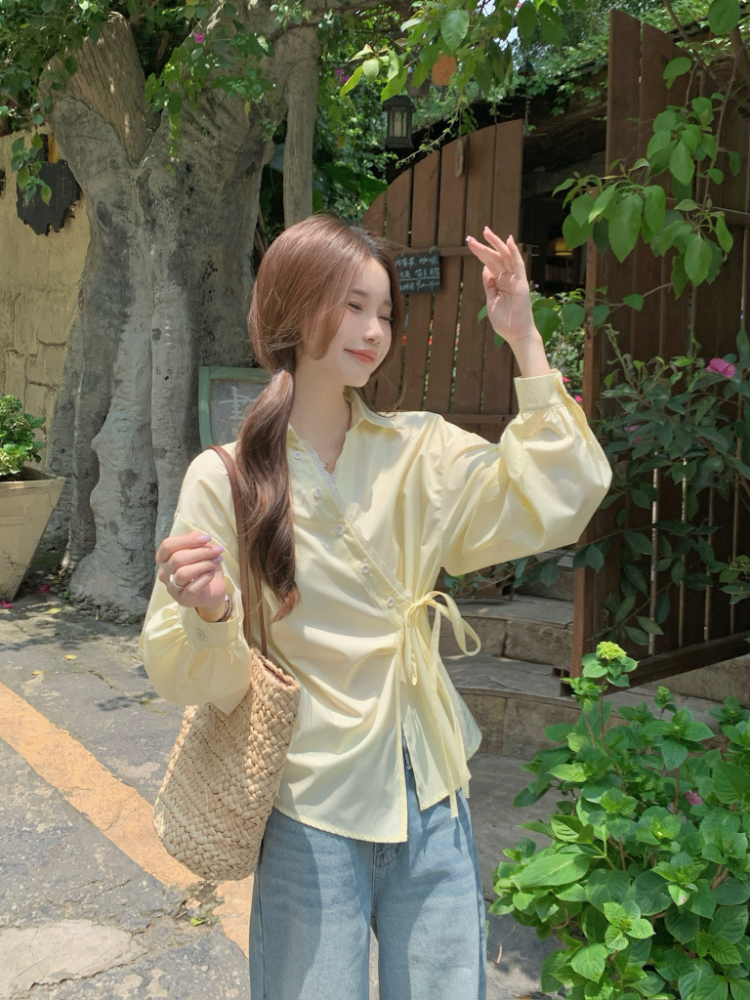 Long sleeve frenum shirt Korean style irregular tops