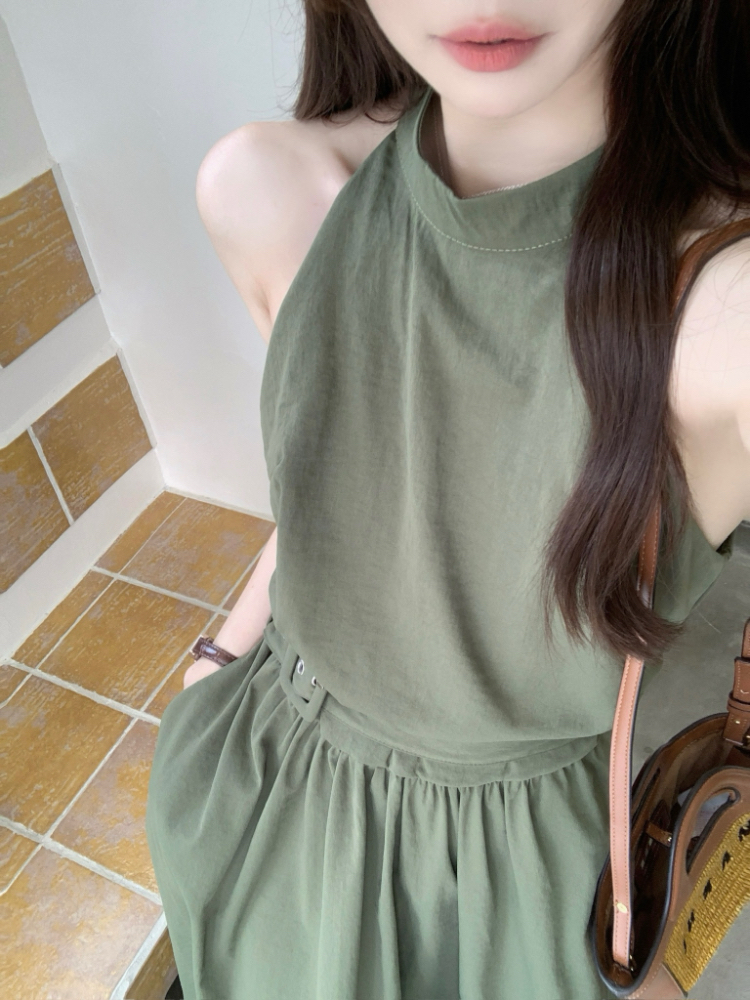 France style pullover dress long green vest