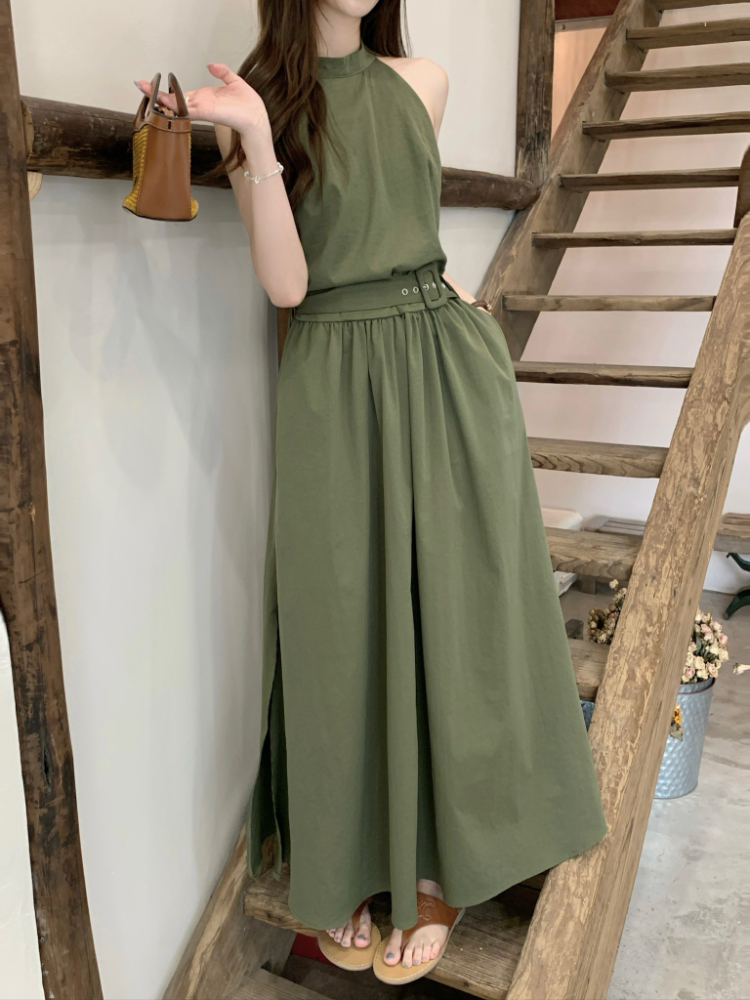 France style pullover dress long green vest
