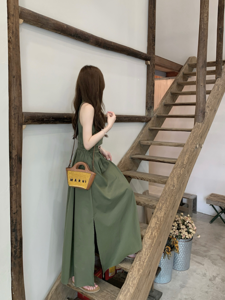 France style pullover dress long green vest