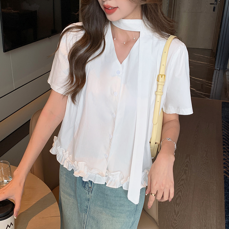 Summer all-match tops Korean style wood ear shirt for women