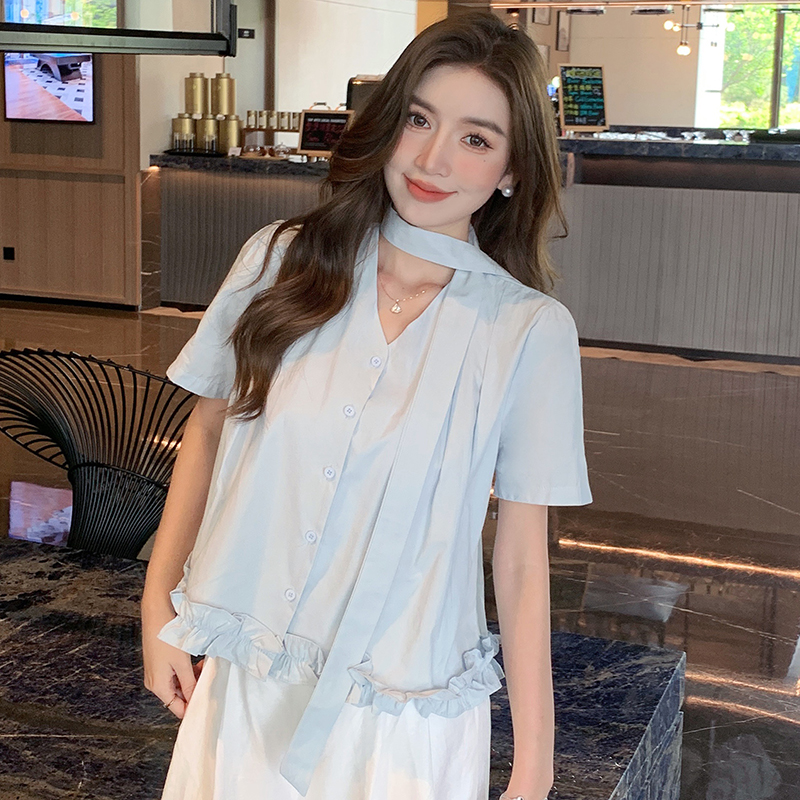 Summer all-match tops Korean style wood ear shirt for women