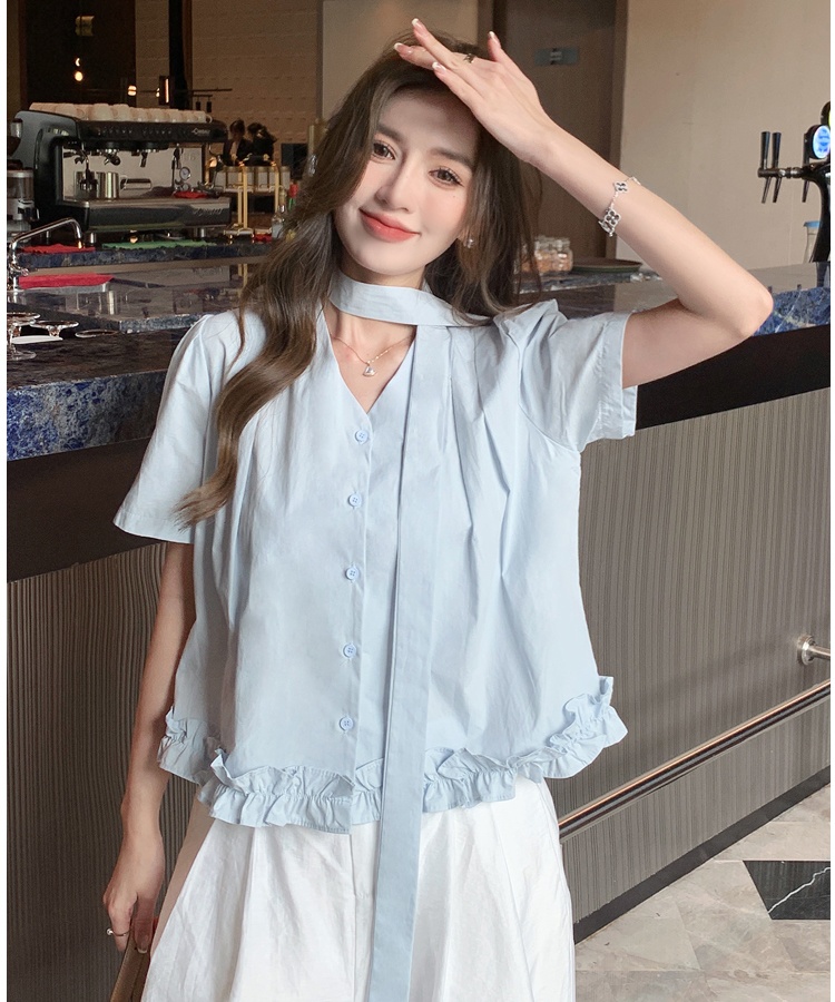 Summer all-match tops Korean style wood ear shirt for women