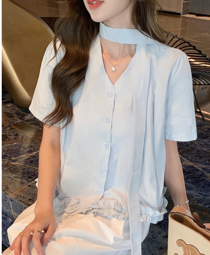 Summer all-match tops Korean style wood ear shirt for women