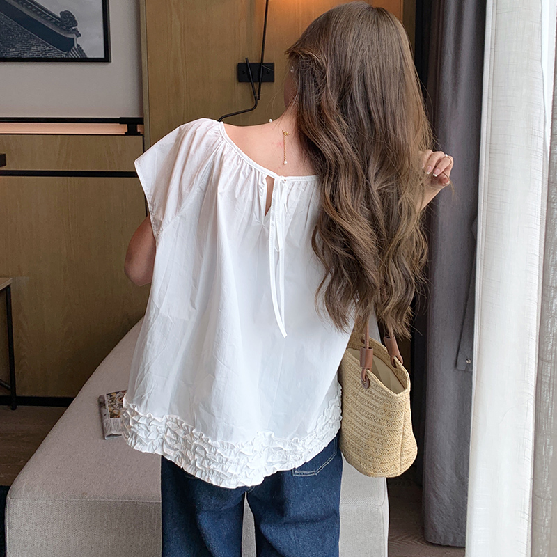 Korean style splice tops summer wood ear shirt for women