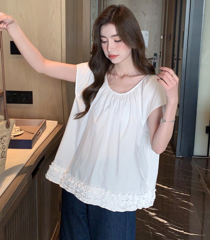 Korean style splice tops summer wood ear shirt for women