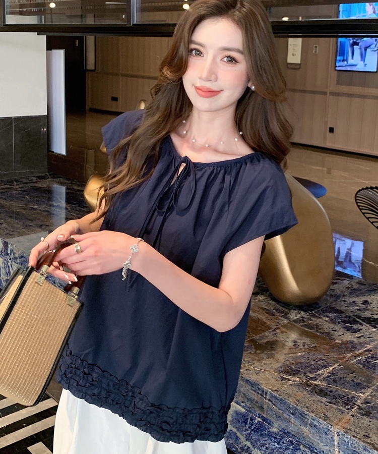 Korean style splice tops summer wood ear shirt for women