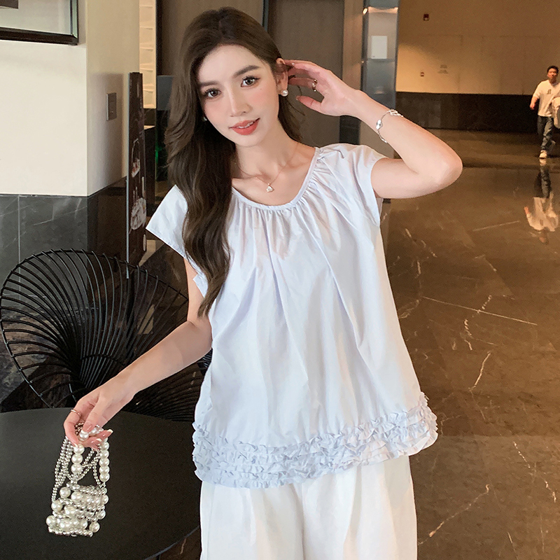 Korean style splice tops summer wood ear shirt for women
