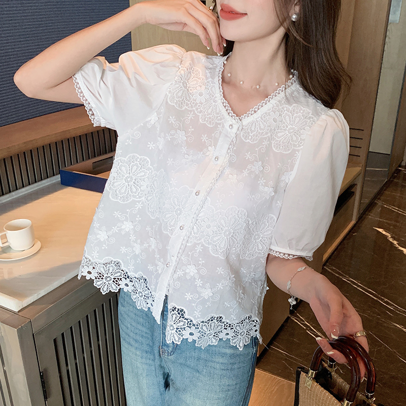 Embroidered Korean style shirt V-neck short sleeve tops