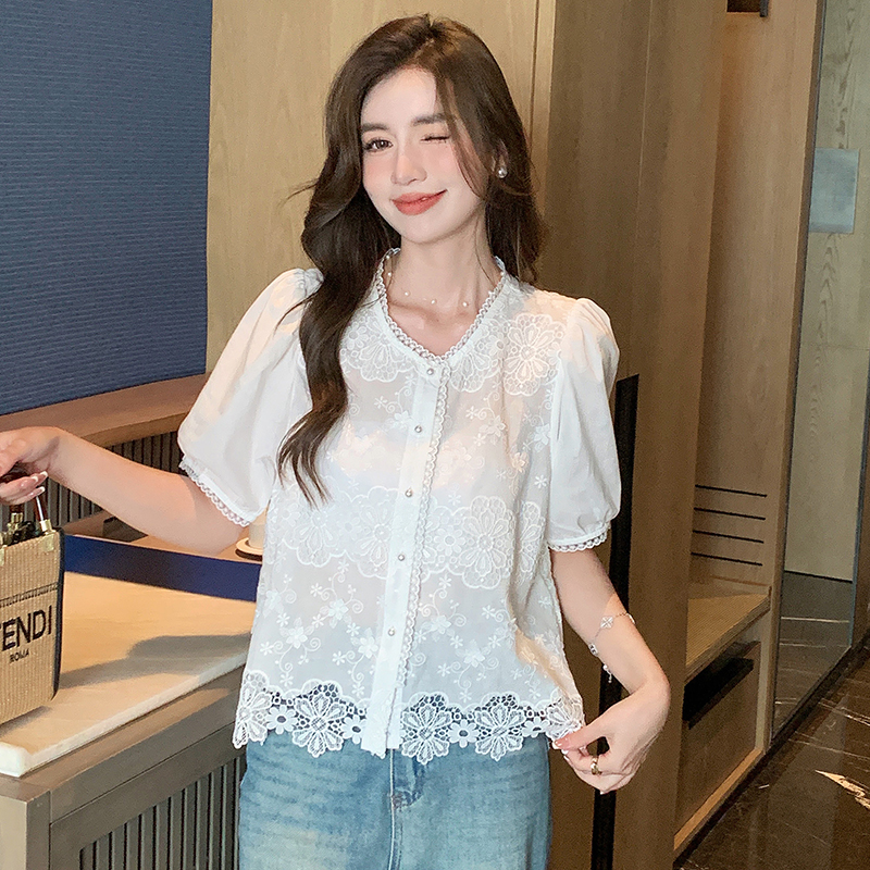 Embroidered Korean style shirt V-neck short sleeve tops