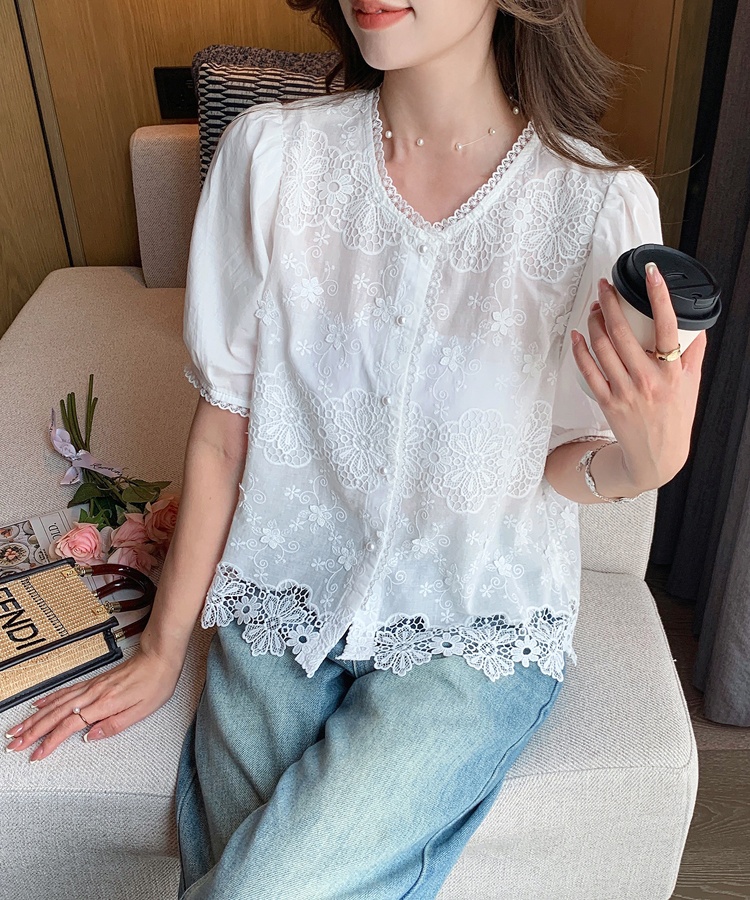 Embroidered Korean style shirt V-neck short sleeve tops