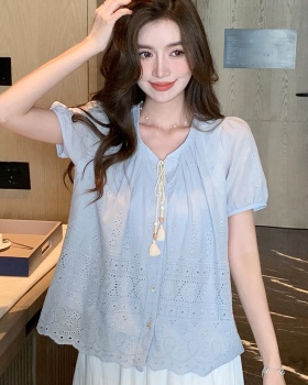 Embroidered all-match shirt round neck tops