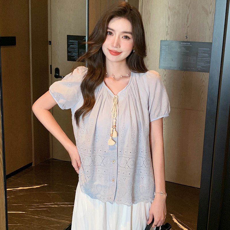 Embroidered all-match shirt round neck tops