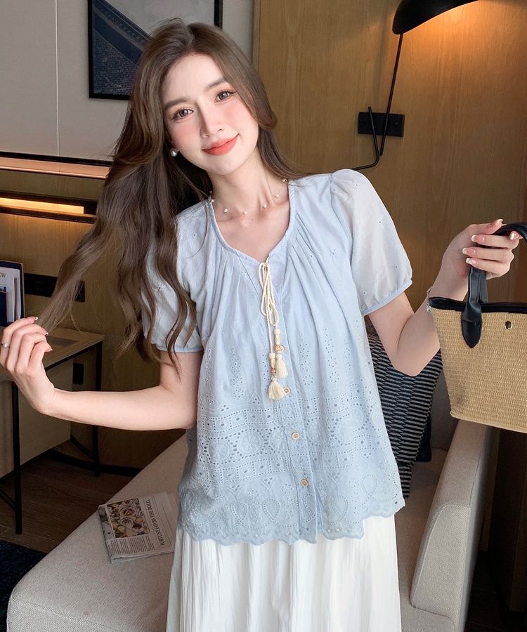 Embroidered all-match shirt round neck tops