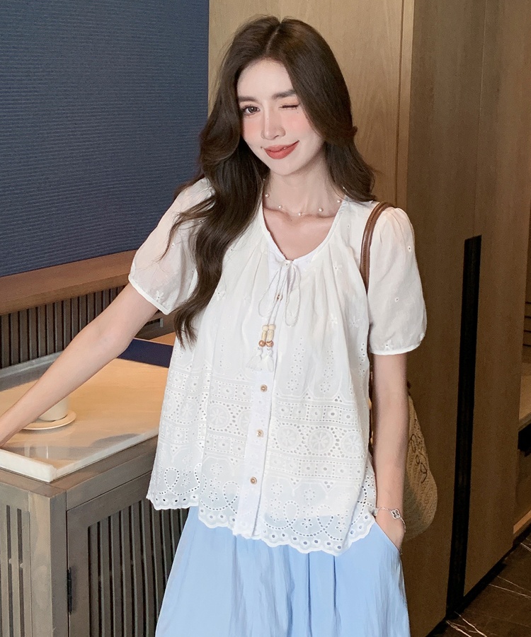 Embroidered all-match shirt round neck tops