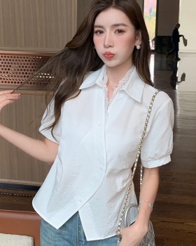 All-match splice Korean style tops lace V-neck shirt