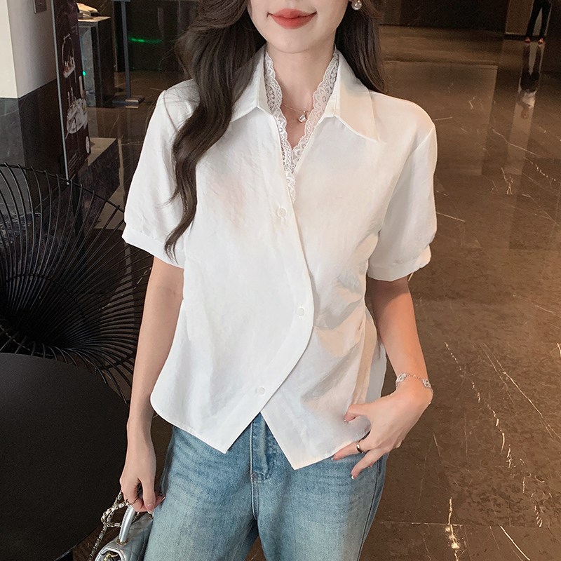 All-match splice Korean style tops lace V-neck shirt