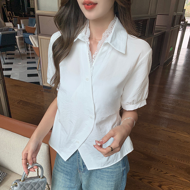 All-match splice Korean style tops lace V-neck shirt