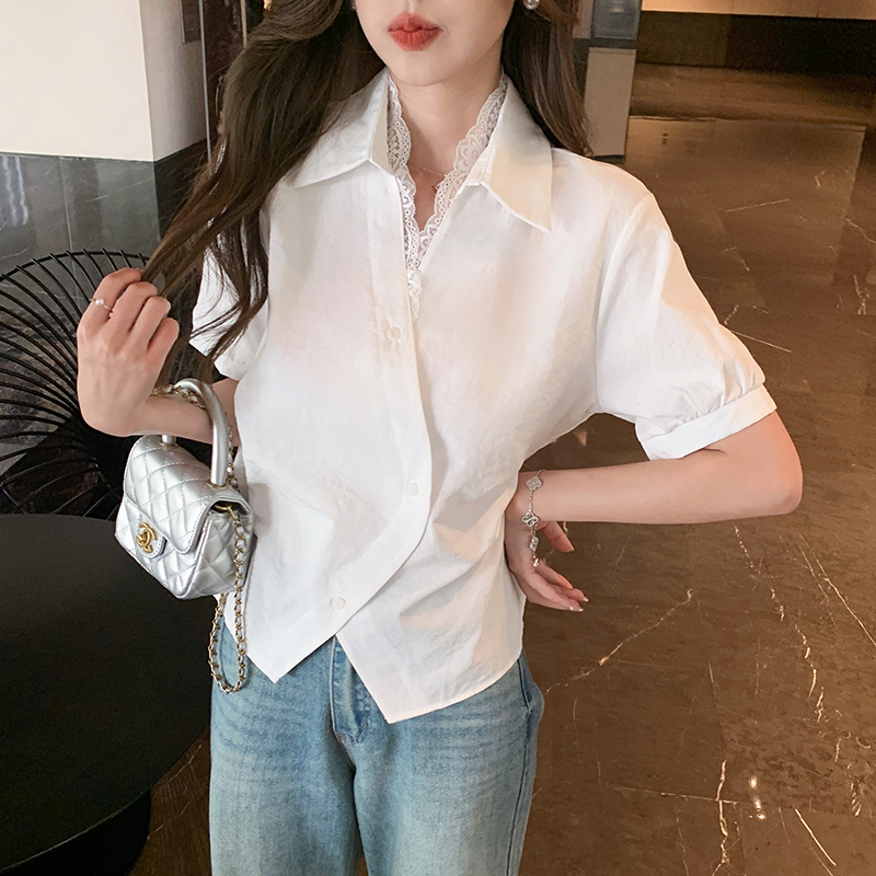All-match splice Korean style tops lace V-neck shirt