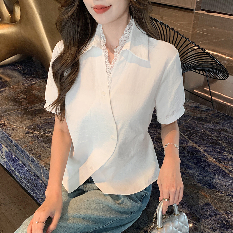 All-match splice Korean style tops lace V-neck shirt