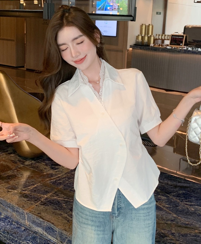 All-match splice Korean style tops lace V-neck shirt