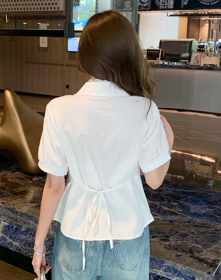 All-match splice Korean style tops lace V-neck shirt