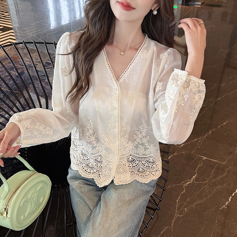 Long sleeve all-match tops sunscreen thin shirt for women