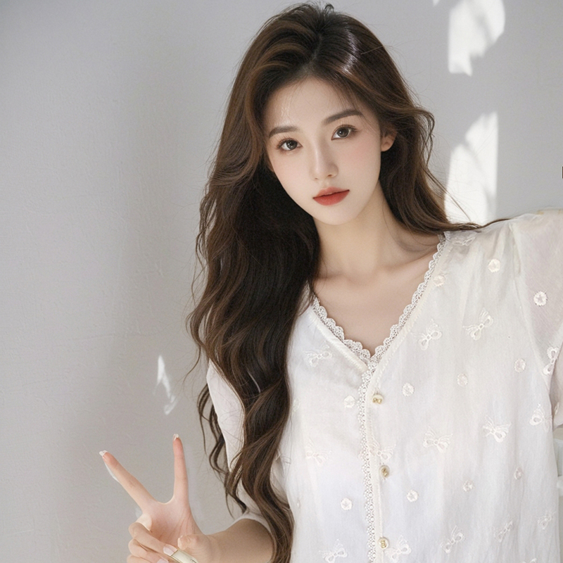 Embroidered short sleeve small shirt V-neck all-match tops