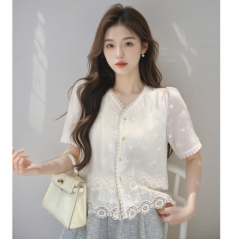 Embroidered short sleeve small shirt V-neck all-match tops