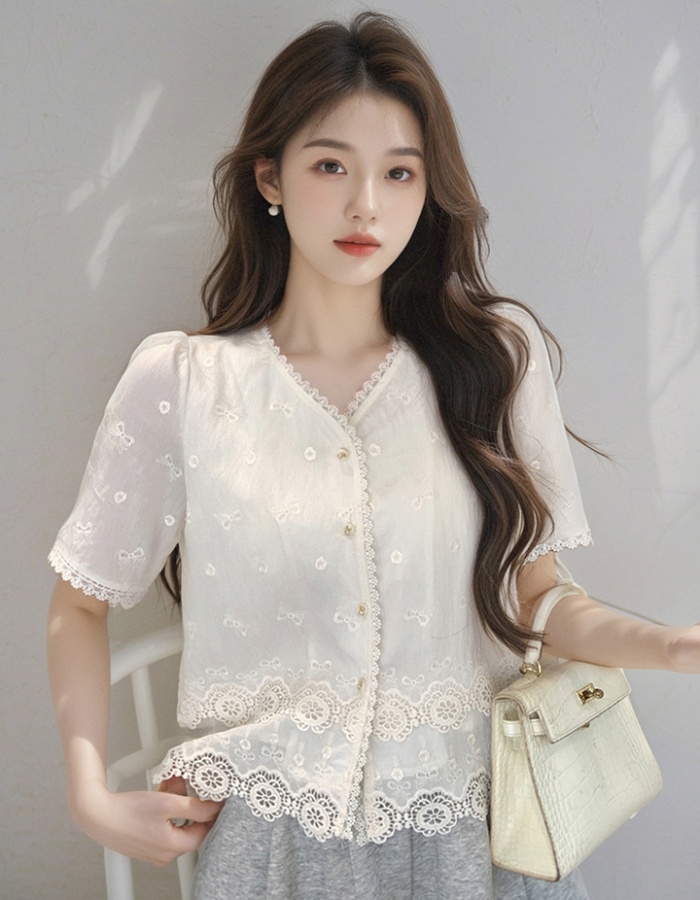 Embroidered short sleeve small shirt V-neck all-match tops