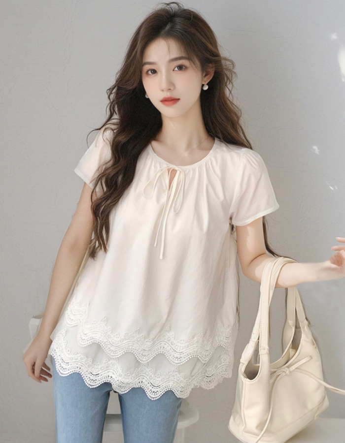 All-match loose tops splice short sleeve shirt for women