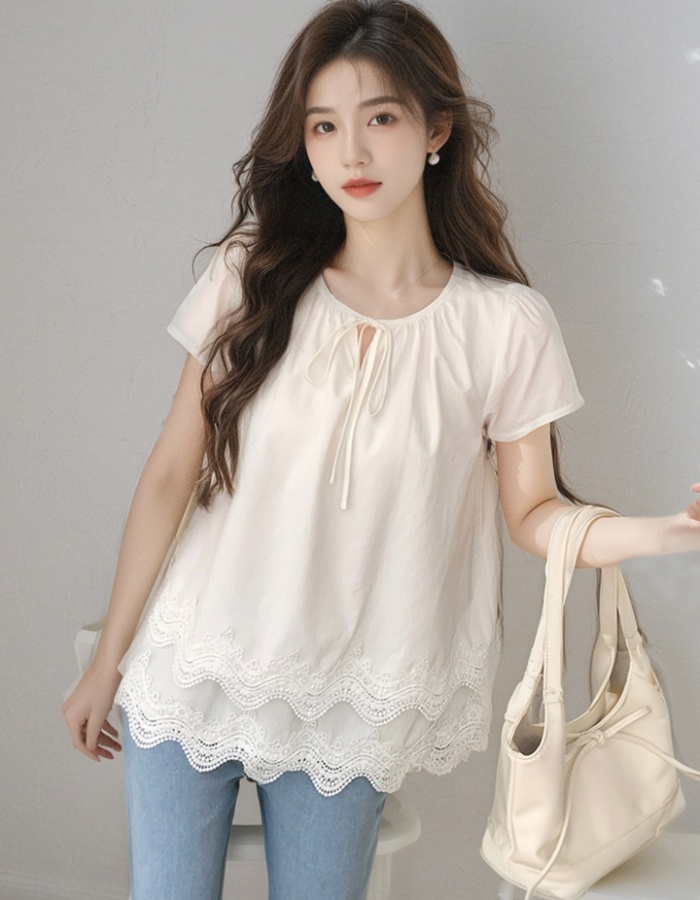 All-match loose tops splice short sleeve shirt for women