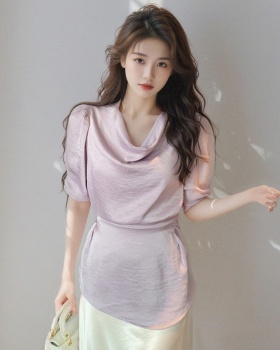 Summer back frenum short sleeve fashion satin shirt