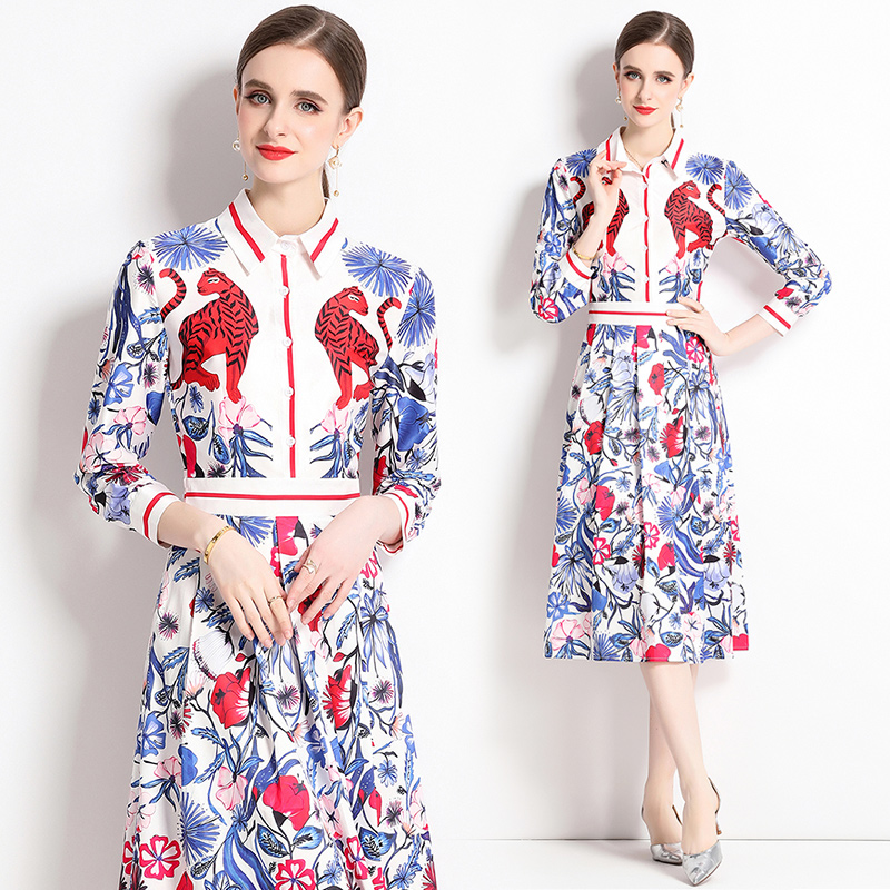 Fashion slim all-match printing pinched waist dress