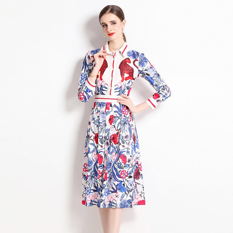 Fashion slim all-match printing pinched waist dress