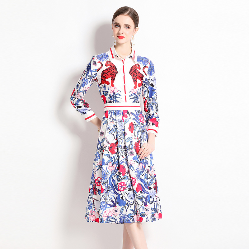 Fashion slim all-match printing pinched waist dress