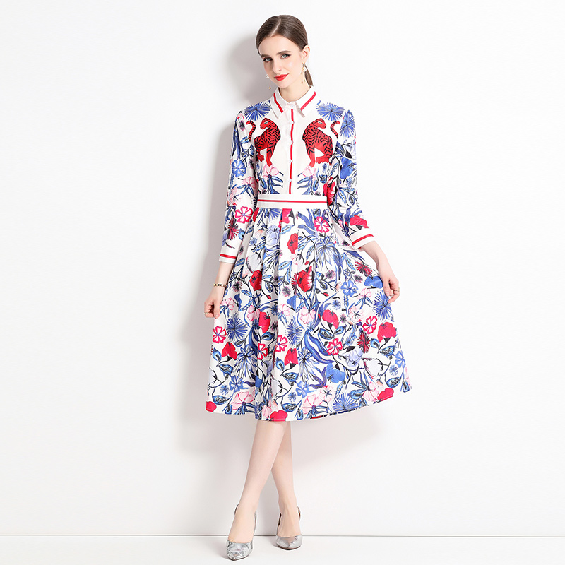 Fashion slim all-match printing pinched waist dress