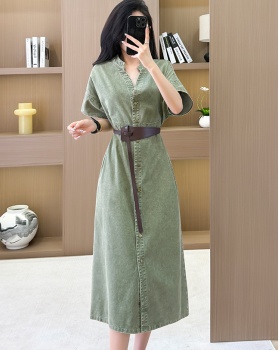 Loose denim long dress France style pinched waist dress