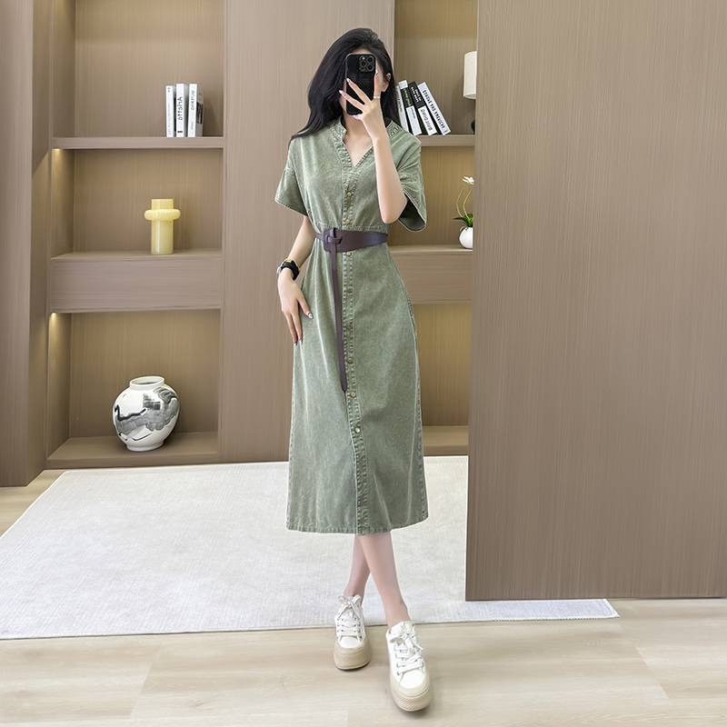 Loose denim long dress France style pinched waist dress