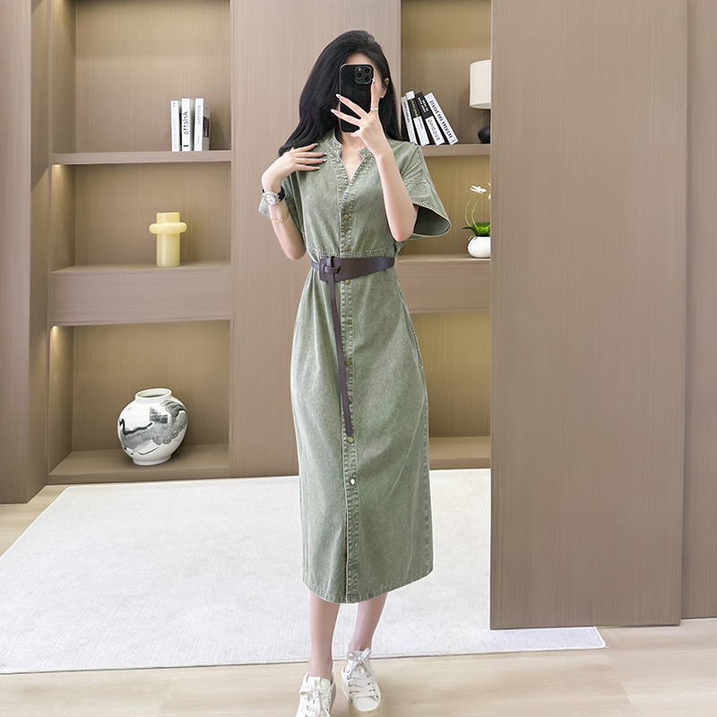 Loose denim long dress France style pinched waist dress