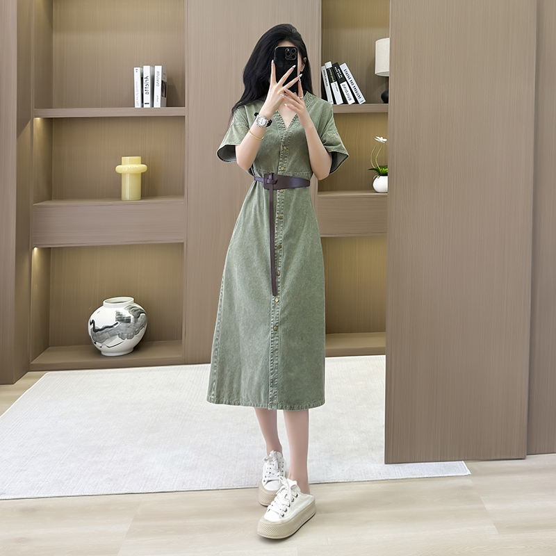 Loose denim long dress France style pinched waist dress