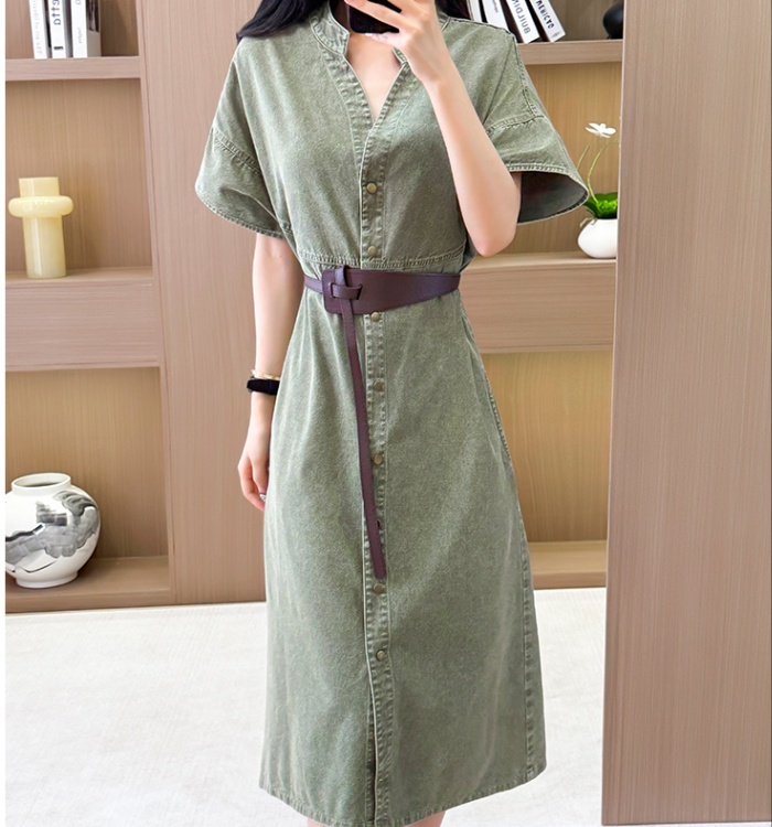 Loose denim long dress France style pinched waist dress