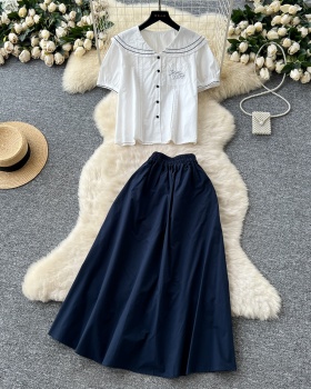 High waist big skirt skirt puff sleeve shirt a set for women