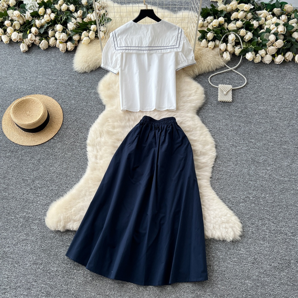 High waist big skirt skirt puff sleeve shirt a set for women