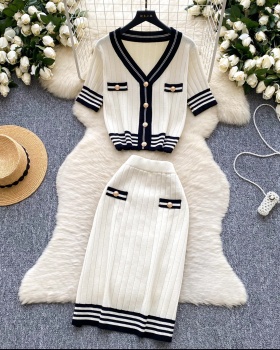 Retro mixed colors skirt summer shirt a set for women