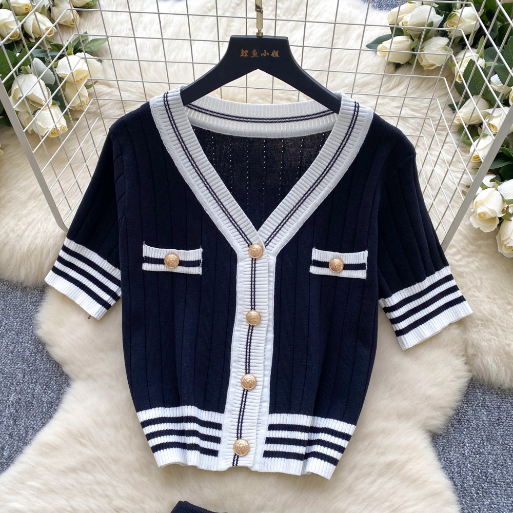 Retro mixed colors skirt summer shirt a set for women