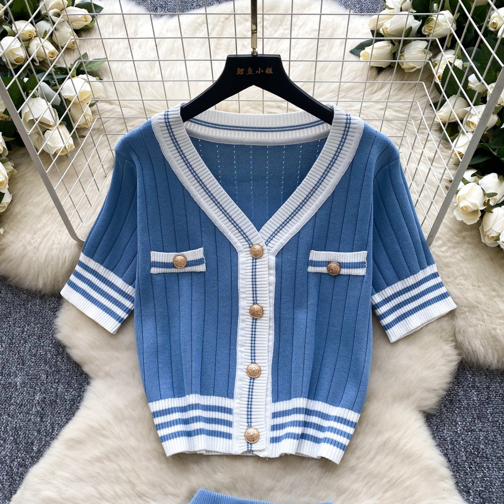 Retro mixed colors skirt summer shirt a set for women
