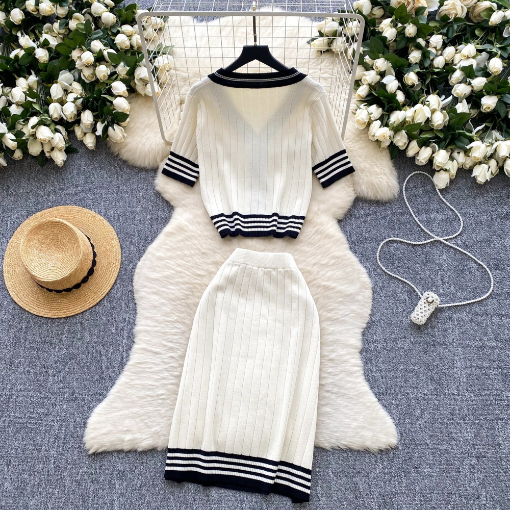 Retro mixed colors skirt summer shirt a set for women