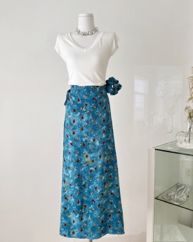 Floral white T-shirt A-line tops 2pcs set for women