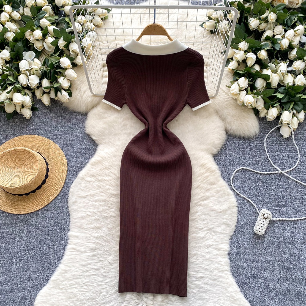 Summer retro niche knitted package hip short sleeve dress